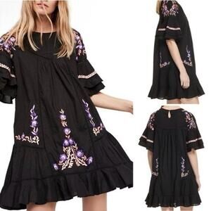 FREE PEOPLE Oversized Pavlo Dress Boho Embroidered Size Large Black Babydoll
